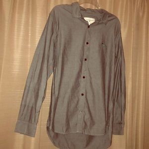 Long sleeve button up grey shirt with shark logo